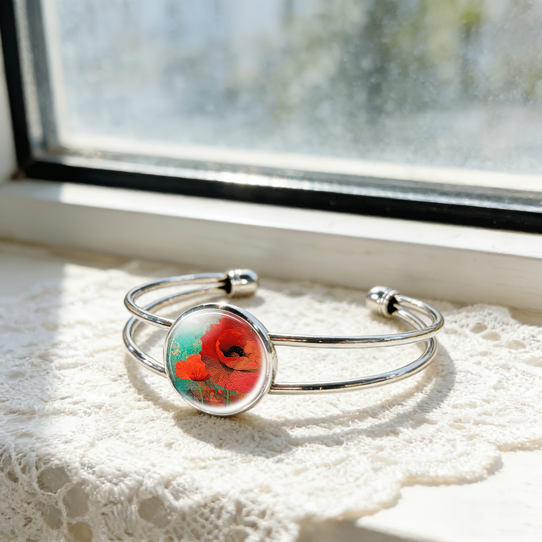 Adjustable Open Bangle Bracelet with Round Time Gemstone Inlay, Vibrant Design